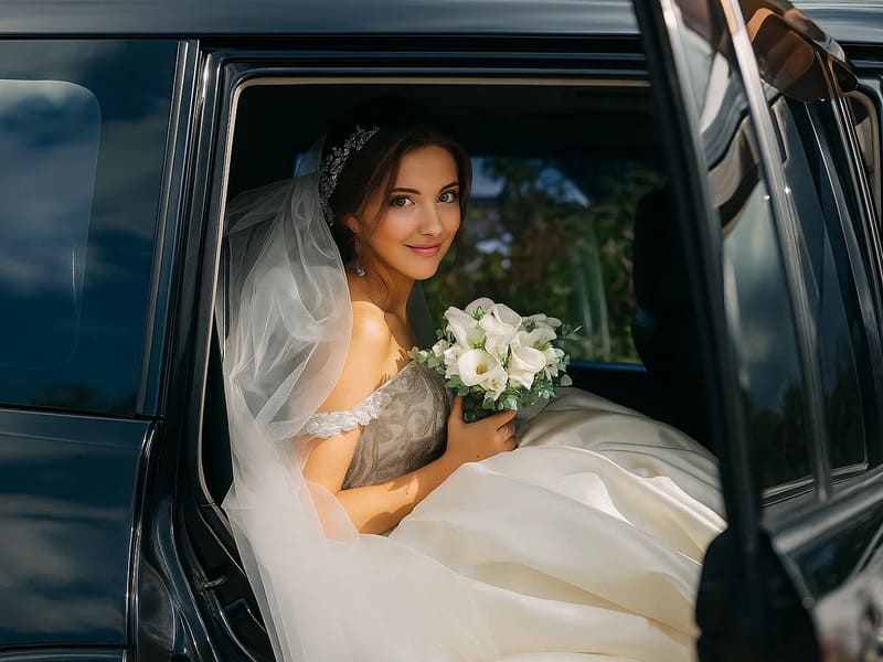 Mariée assise en voiture